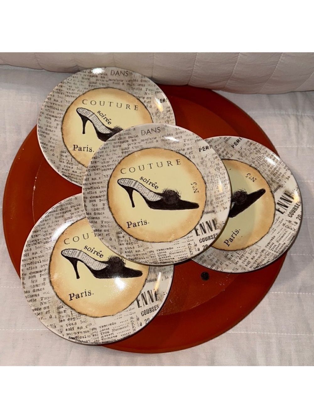 Precioso Set of 4 Paris No 5 Soirée Couture Mini Petite Dessert Stiletto Plates